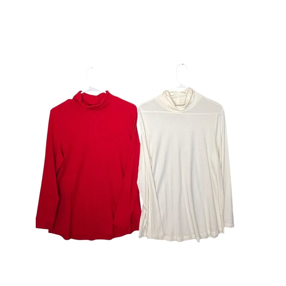 J Jill Womens Relaxed Turtleneck Tops Lot of 2 Red Cream Cotton Modal Size Large